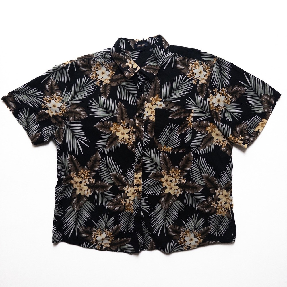 Hisdern‎ Hawaiian Shirt Mens 2XL Black Tropical Aloha Floral Cotton